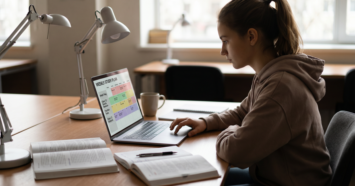 Student reviewing a study schedule on a laptop