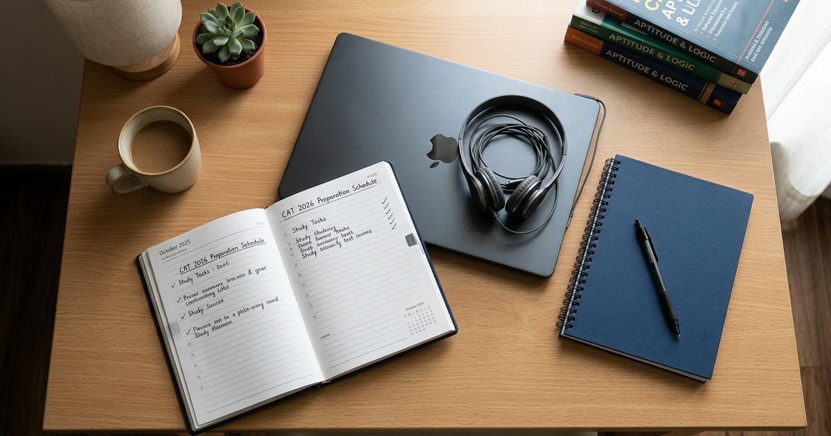 A top-down view of a study desk featuring an open planner, a closed laptop, and a notebook.