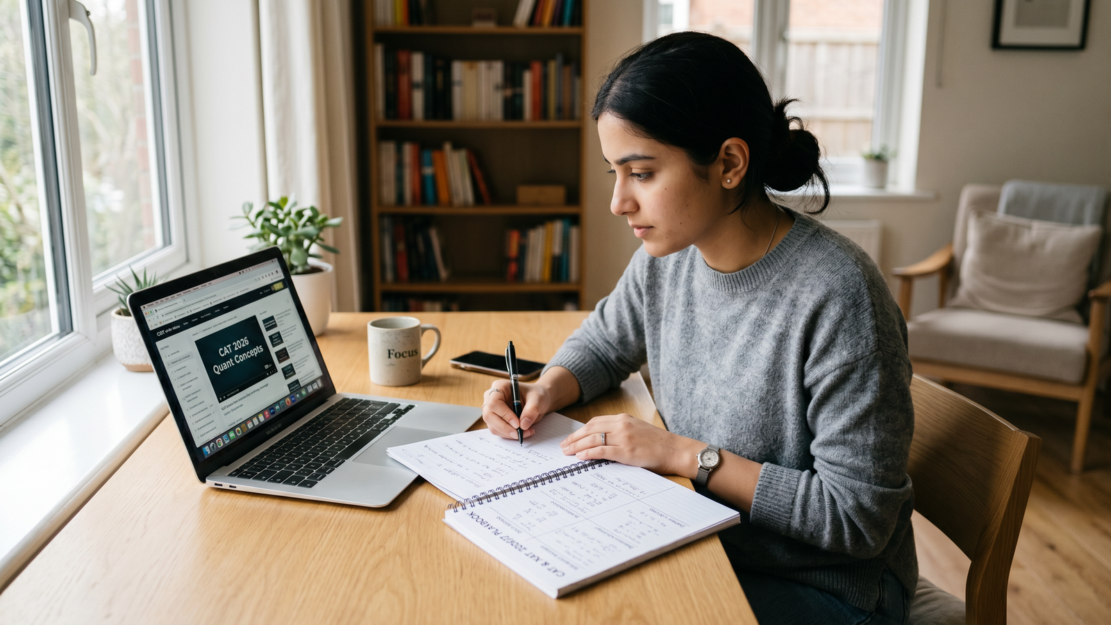 A focused student studying at a clean desk with a laptop and a notebook, representing dual CAT and XAT preparation.