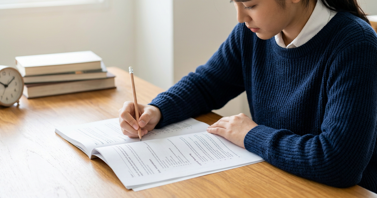 A focused student holding a pencil over a printed exam paper on a wooden desk.