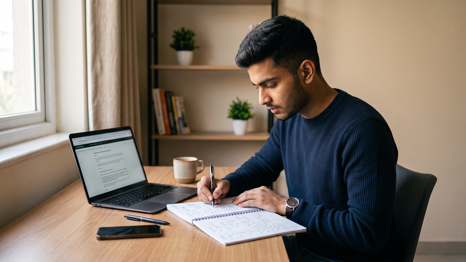 A focused student studying at a tidy desk with a laptop and open notebooks
