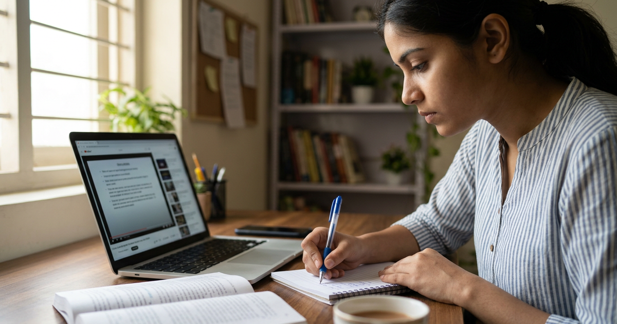 Close-up of a student writing notes next to a laptop