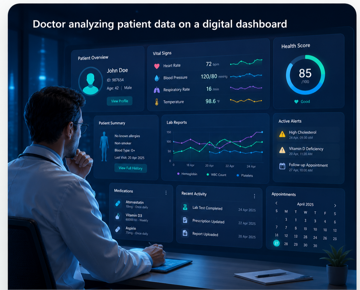 Doctor analyzing patient data on a digital dashboard