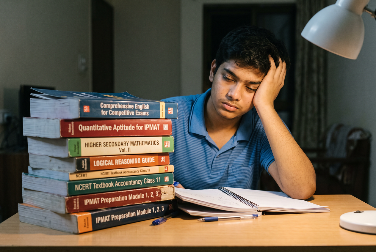 A tired student looking overwhelmed by a large stack of books.