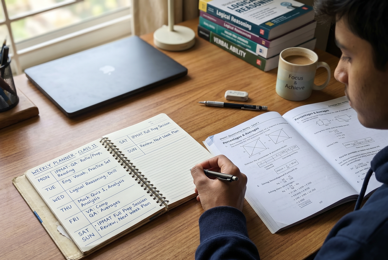 Organized study desk with a handwritten weekly planner and a math workbook