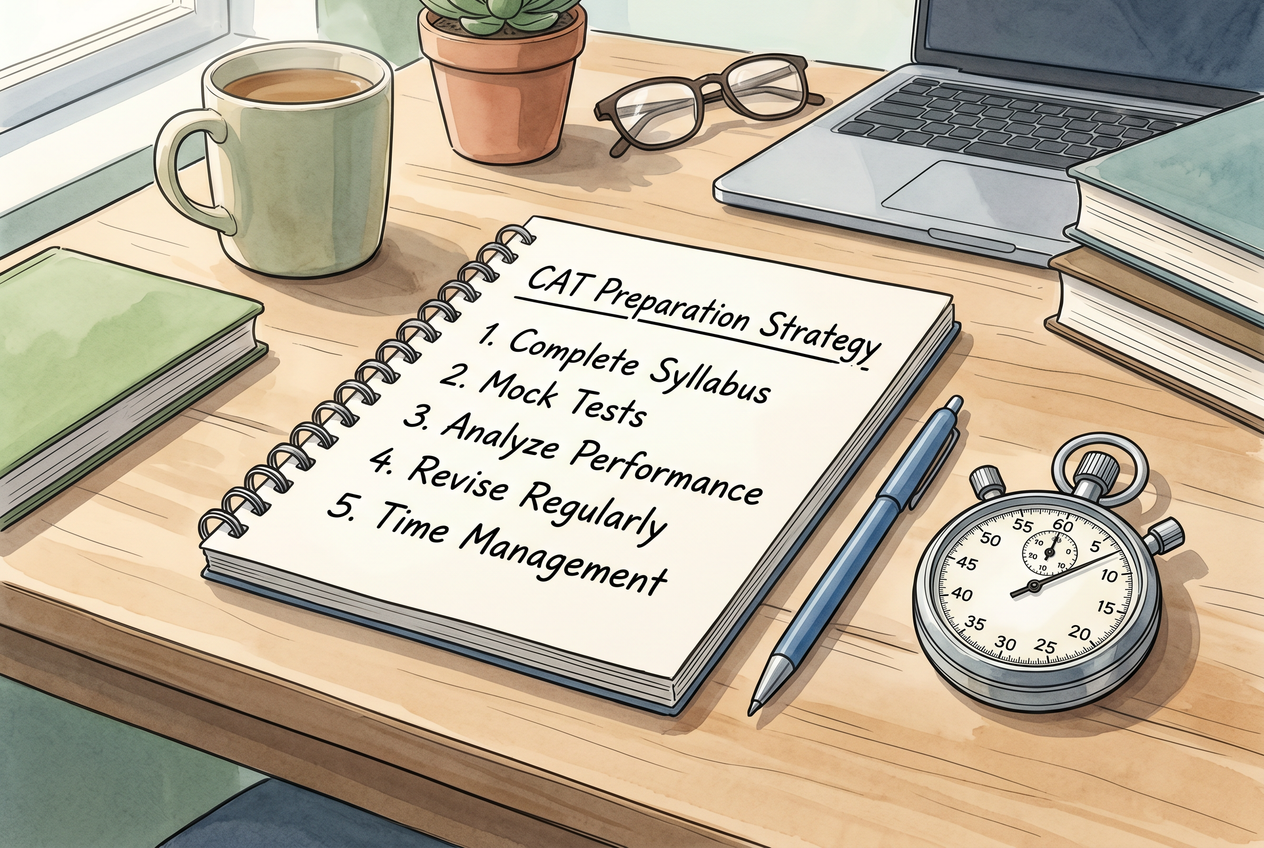 A notepad with a 5-step list alongside a stopwatch.