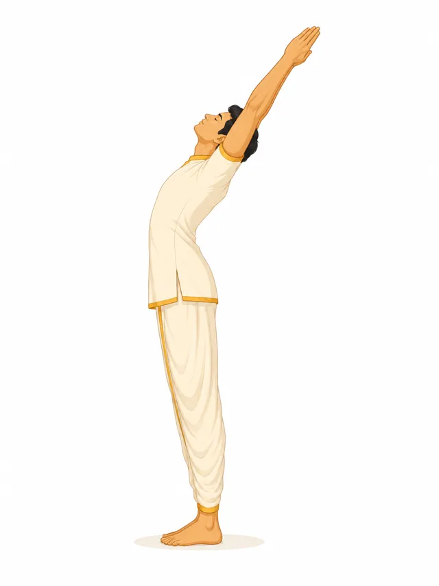 Person performing Hastha Uddhanasanam, the raised arms pose, in Surya Namaskaram