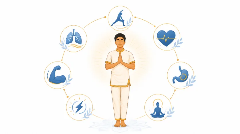Illustrated overview of the whole-body benefits of Surya Namaskaram — flexibility, strength, circulation, and calm