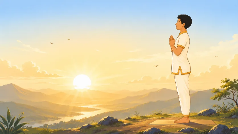 Person facing the rising sun in prayer pose, beginning the Surya Namaskaram sequence