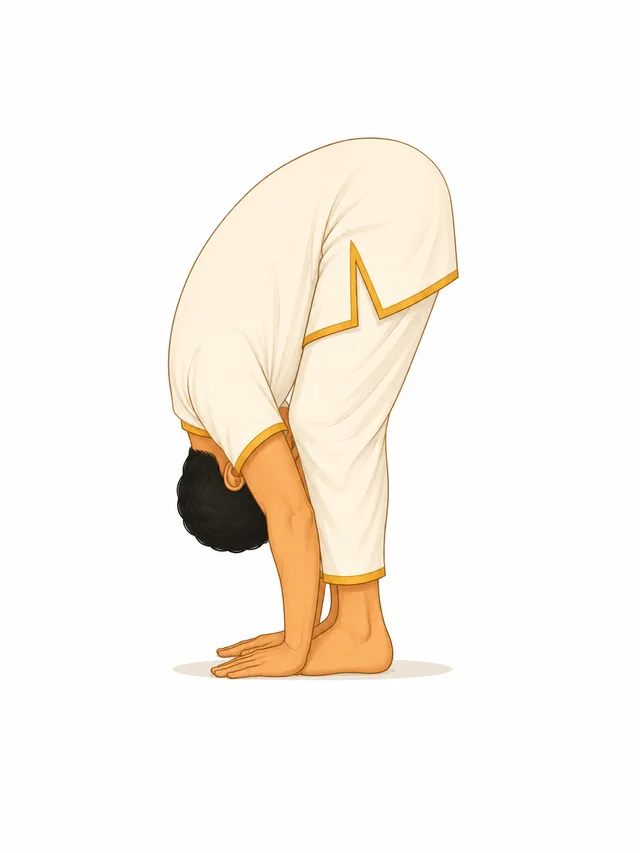Person performing Padahasthasanam, the hand to foot forward fold, in Surya Namaskaram