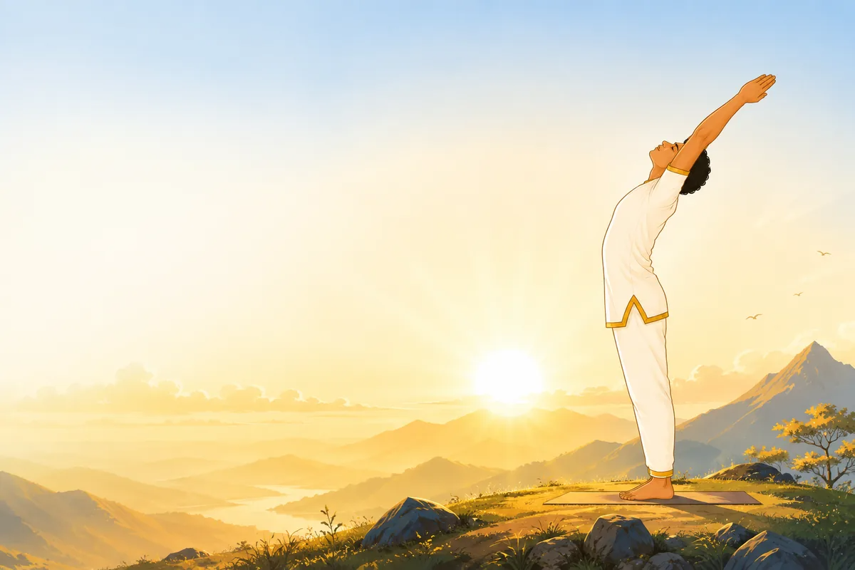 Silhouette of a person practising yoga facing the rising sun over the horizon