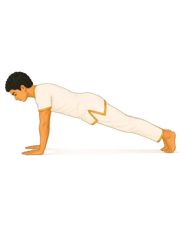 Person performing Thuvi Pada Hastha Chanchalana Asanam, the plank pose, in Surya Namaskaram
