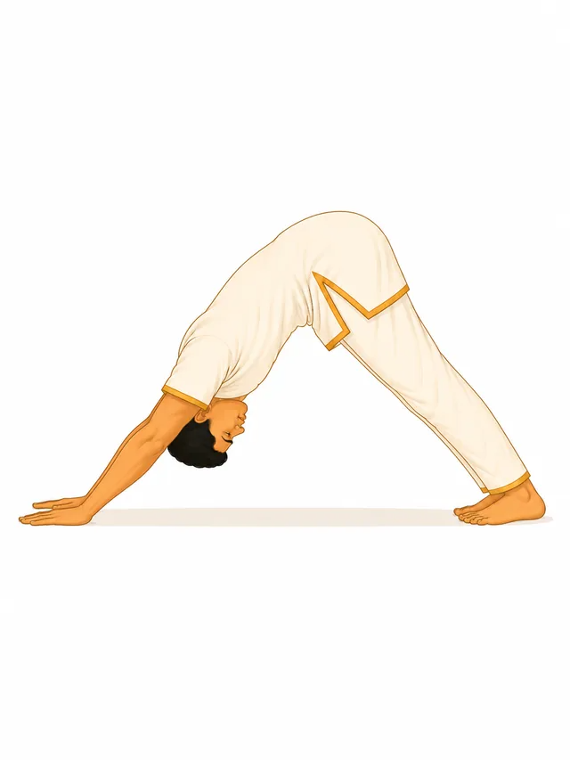 Person performing Athamukthasanam, the downward facing pose shaped like the letter A, in Surya Namaskaram