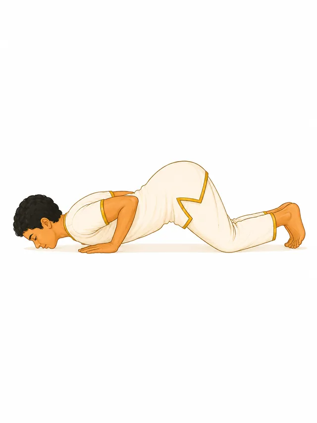 Person performing Ashtanga Namaskaram, the eight-limbed pose, in Surya Namaskaram