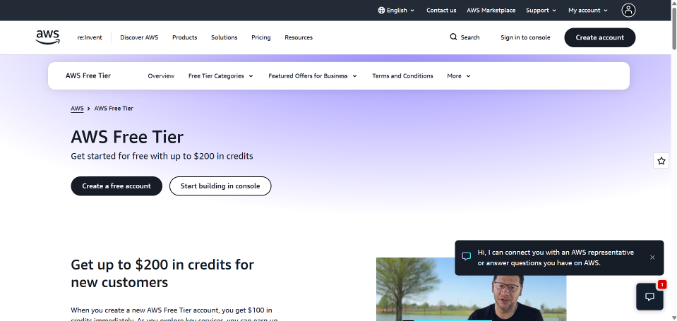 Step 1: AWS Free Tier Portal with Create Account Button