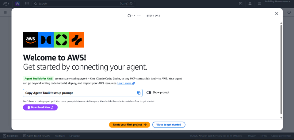 Step 8: Welcome to AWS and Agent Toolkit Setup