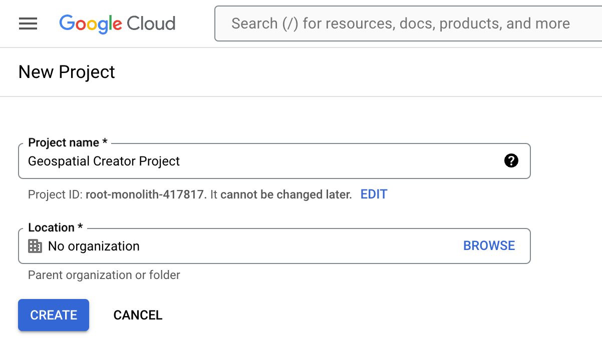 GCP Create New Project Dialog