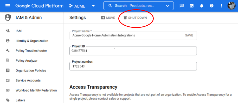 Shut Down GCP Project Settings
