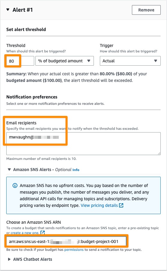 AWS Budget Alert Threshold and Email Configuration