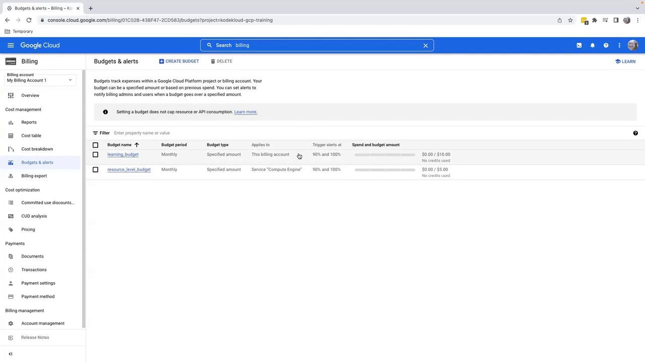 Google Cloud Budgets and Alerts Dashboard