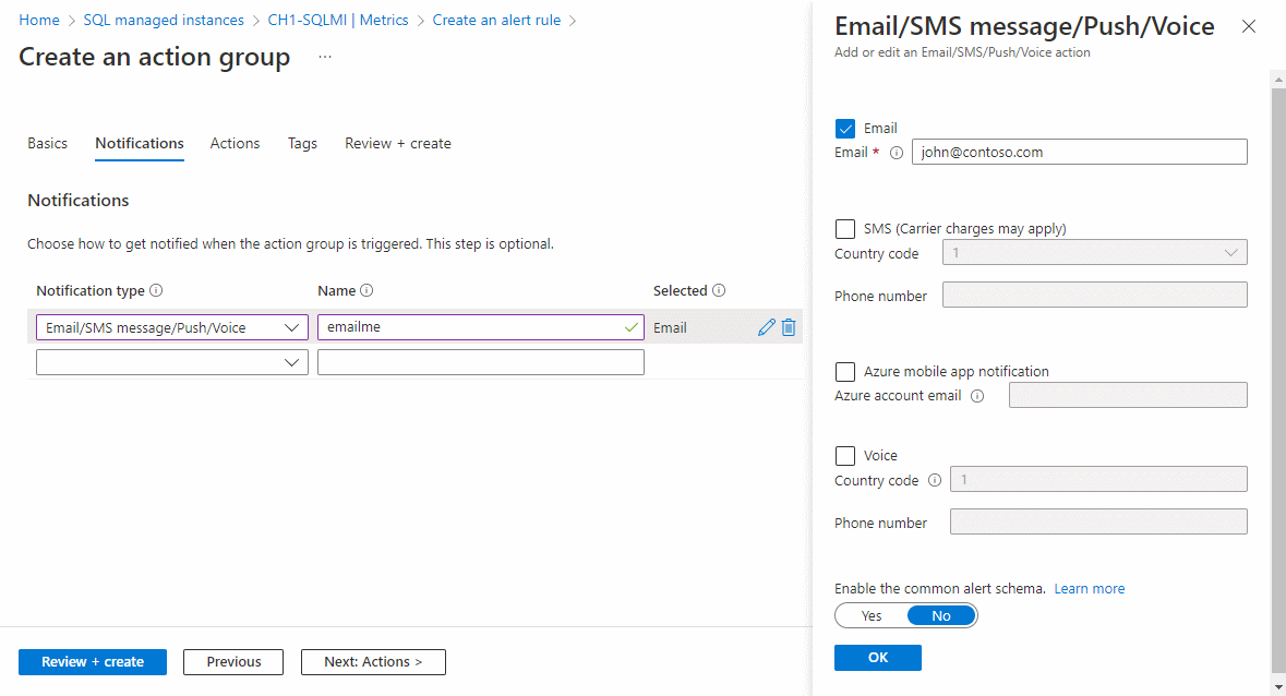 Azure Action Group Email Notification Settings