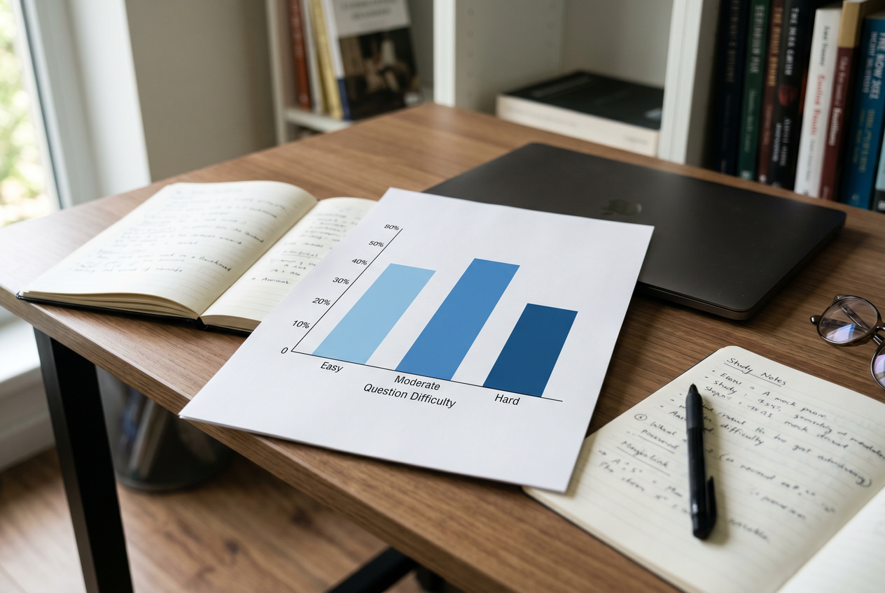 A printed bar chart showing a balanced distribution of easy, moderate, and hard questions.