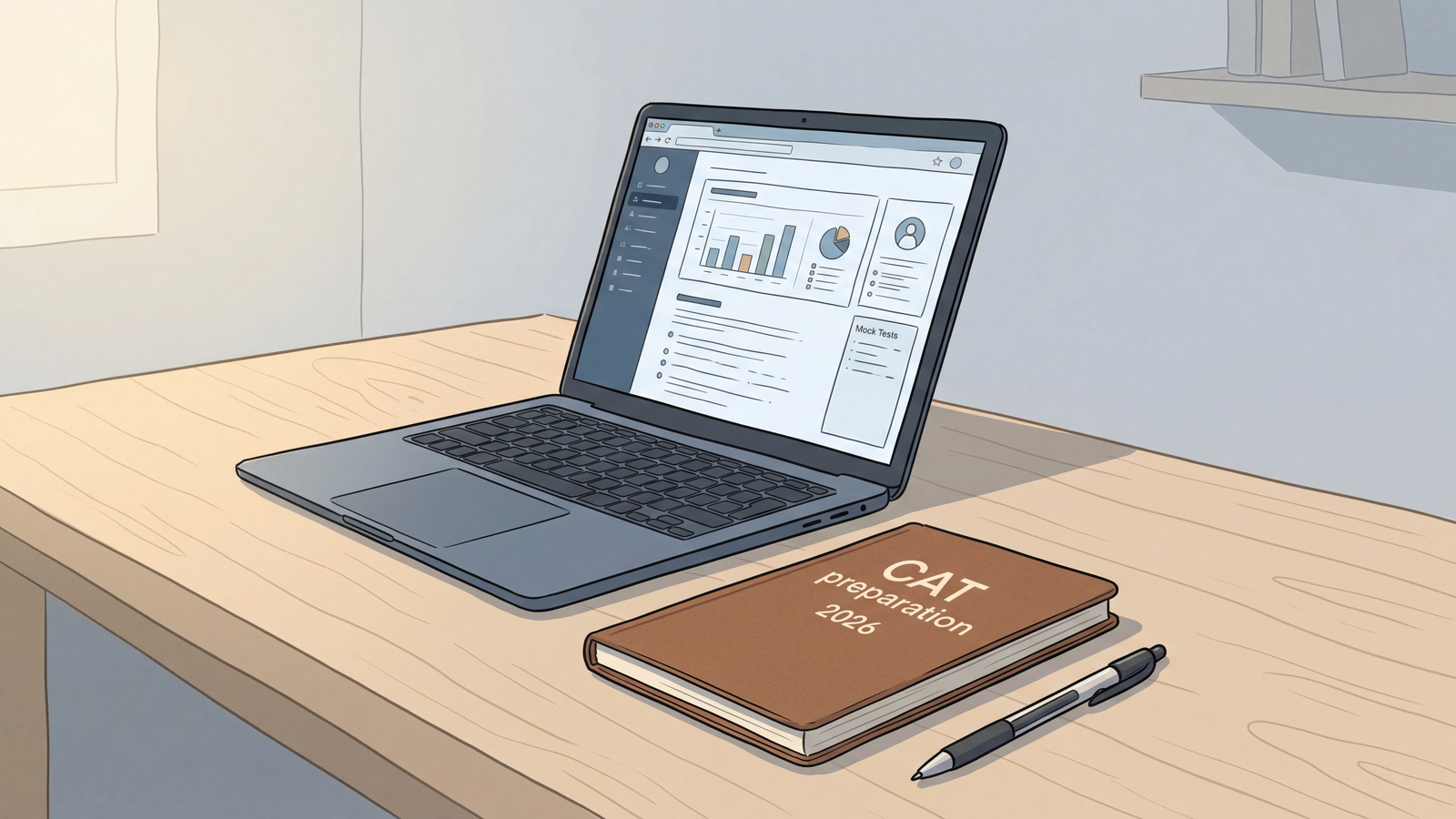 A realistic study desk setup with a notebook and laptop representing CAT preparation.