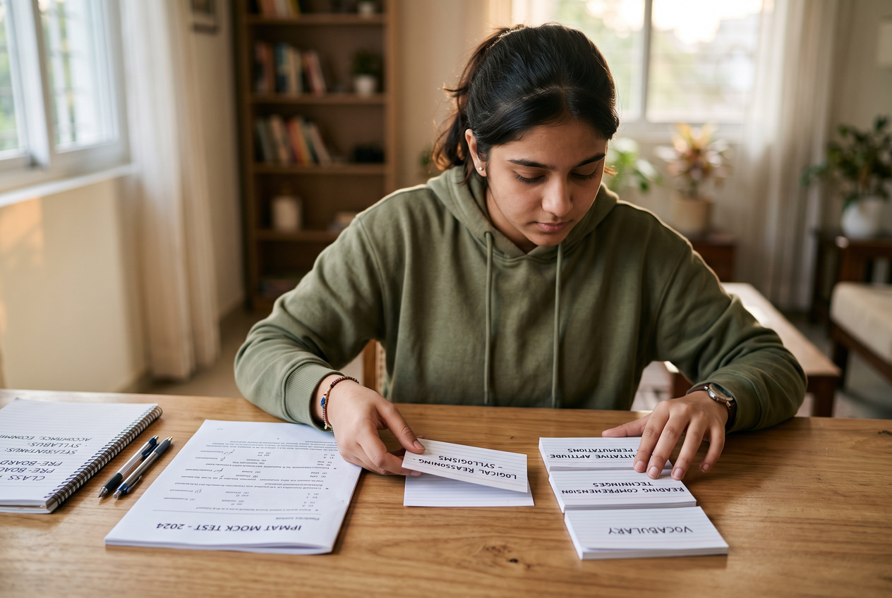 A student organizing flashcards and a printed mock test paper on a wooden table.