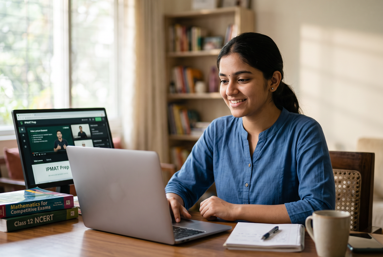 A confident student smiling while looking at a laptop screen in a bright room.