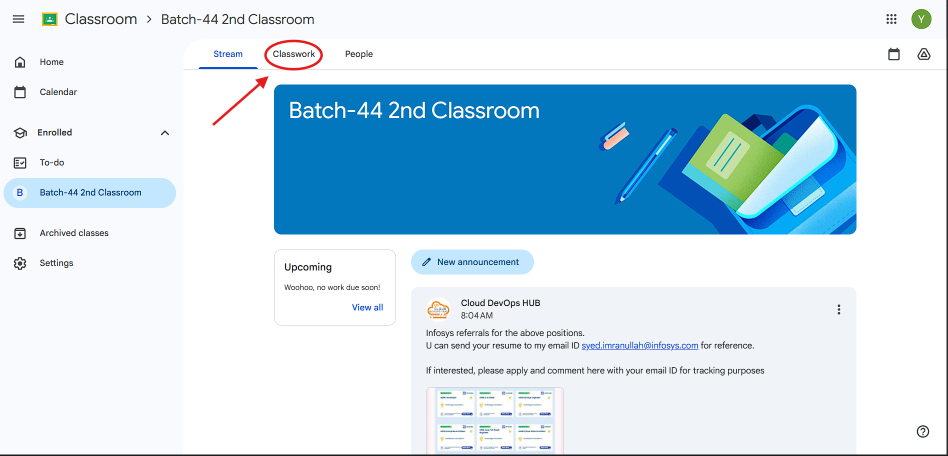Google Classroom Main Dashboard and Classwork Tab