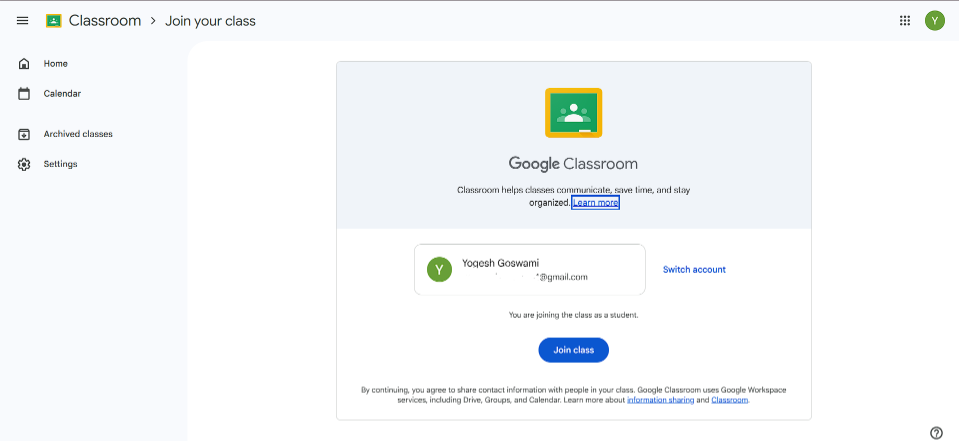 Google Classroom Join Class Account Verification Screen