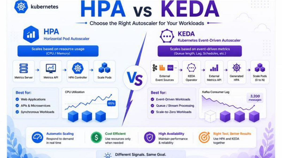 Kubernetes HPA vs KEDA Autoscaling Architecture Comparison Diagram