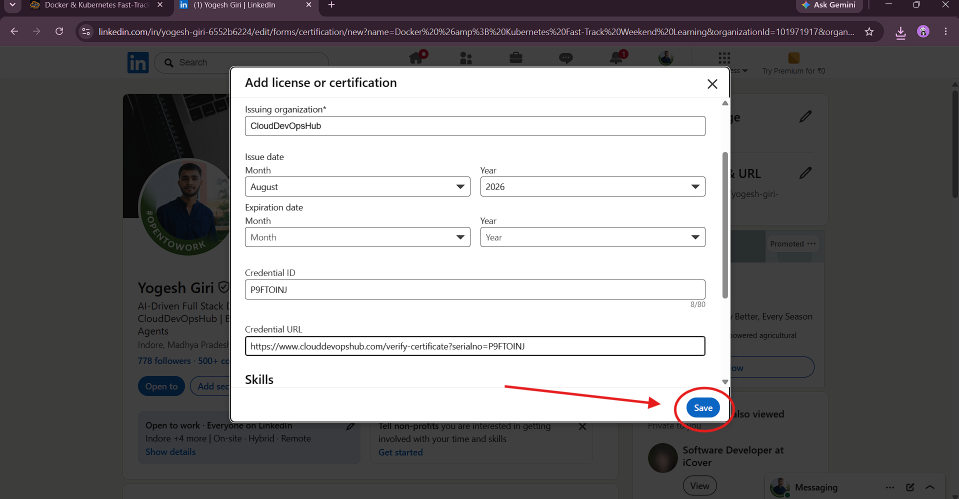 Step 5 Pre-filled LinkedIn add certification modal with Save button