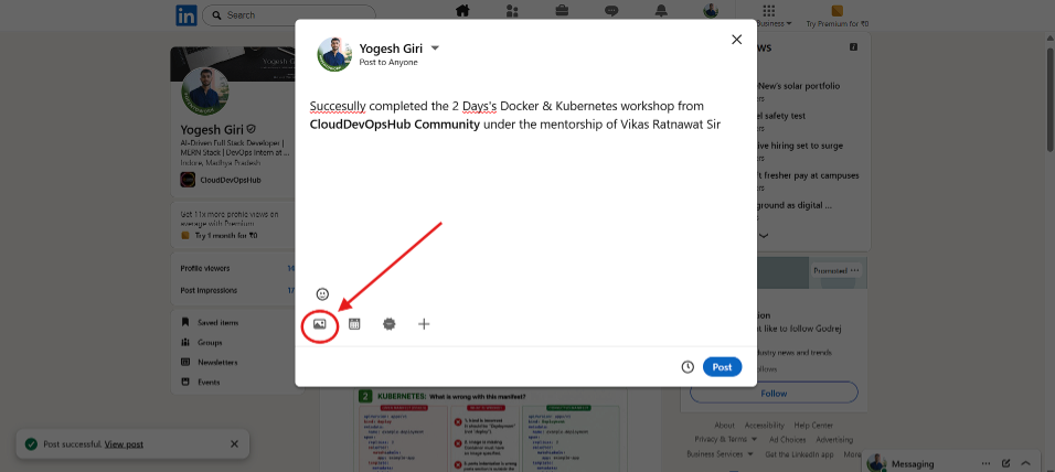Step 7 Start a post on LinkedIn and click media image icon