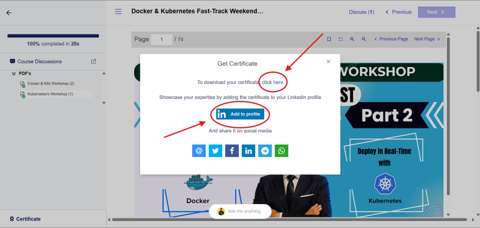 Step 4 Get Certificate modal with download link and Add to LinkedIn button