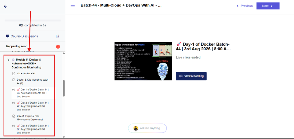 Step 7 Course Player sidebar navigation and View Recording player