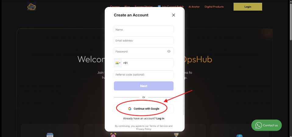 Step 4 Create an Account modal with Continue with Google