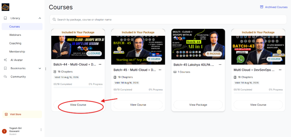 Step 6 Student Dashboard Courses Library click View Course