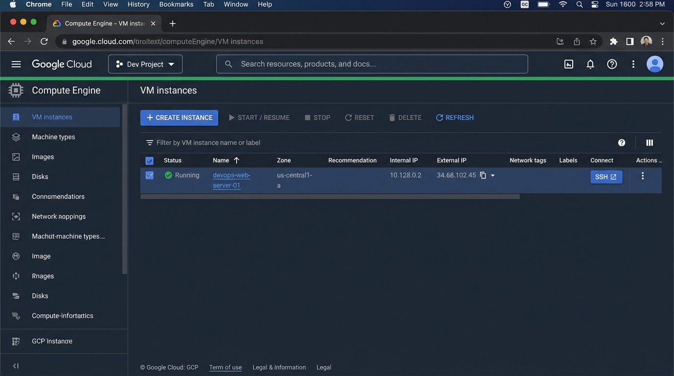 Google Cloud Console - VM Instances Dashboard with Running Status and SSH Button