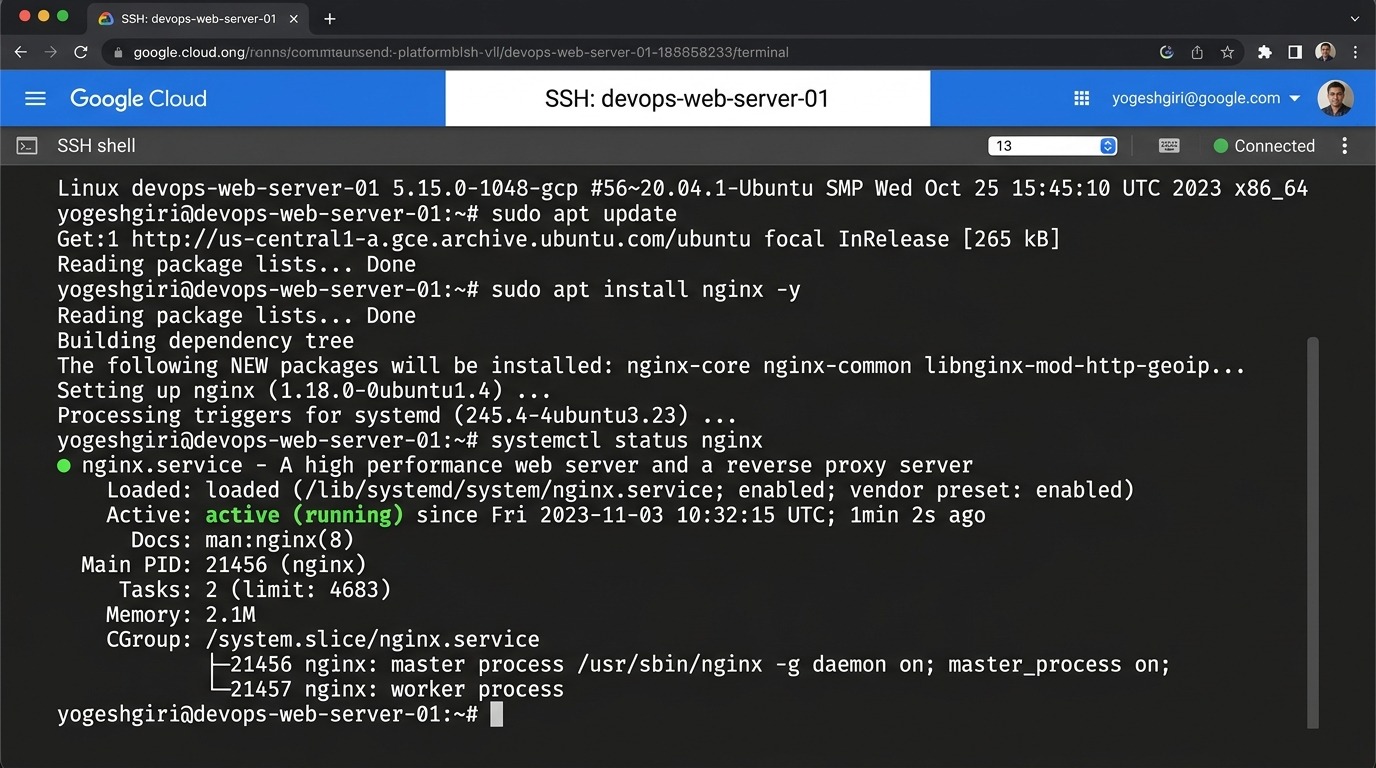 Google Cloud in-browser SSH Terminal Session with Nginx active