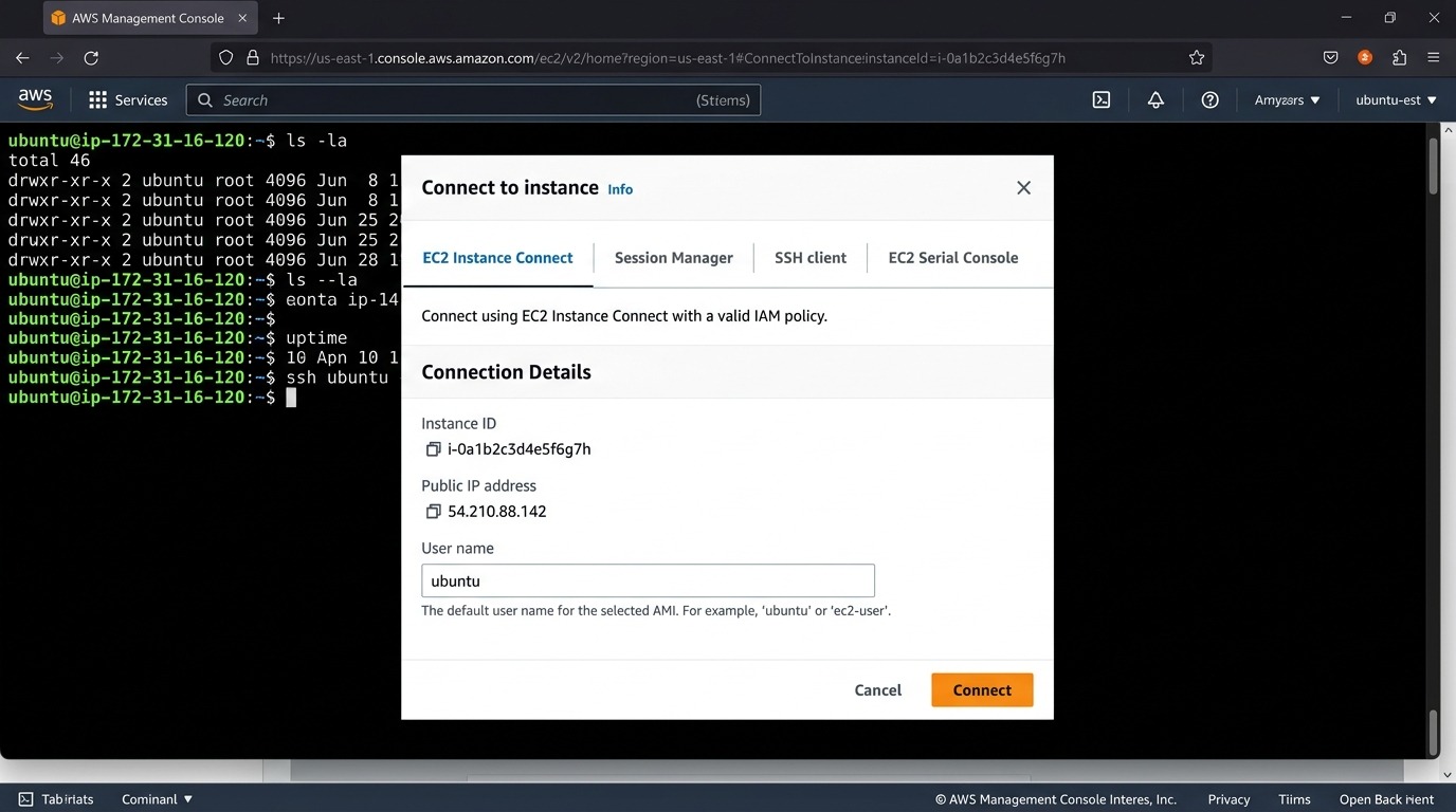 AWS EC2 Instance Connect Dialog and Live Terminal