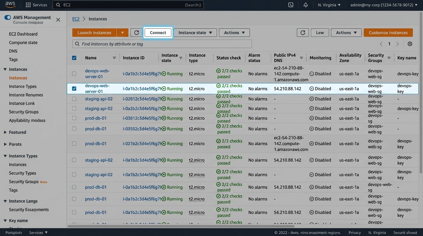 AWS EC2 Instances List Running State and Connect Button