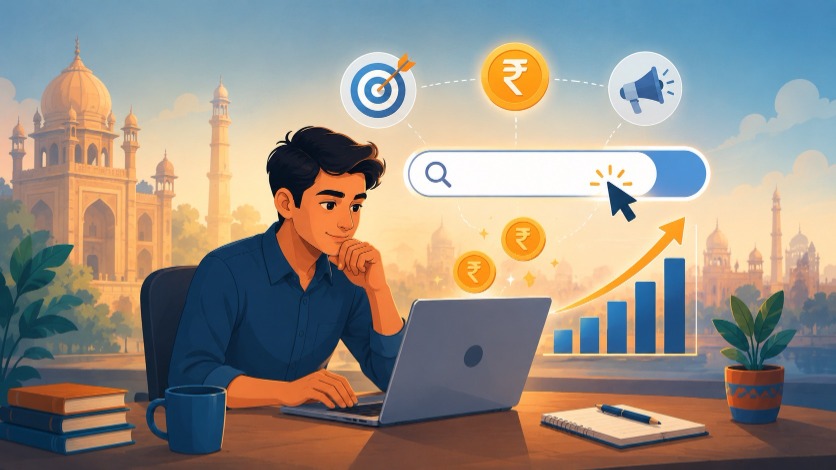 Google Ads course in Lucknow - student managing a PPC campaign dashboard with rupee coins and growth chart