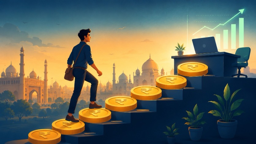 Illustration of digital marketing salary in India rising from fresher to manager level