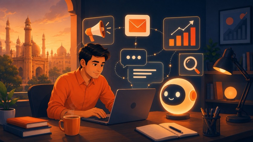 Marketer using Claude AI for digital marketing with campaign icons floating around a laptop