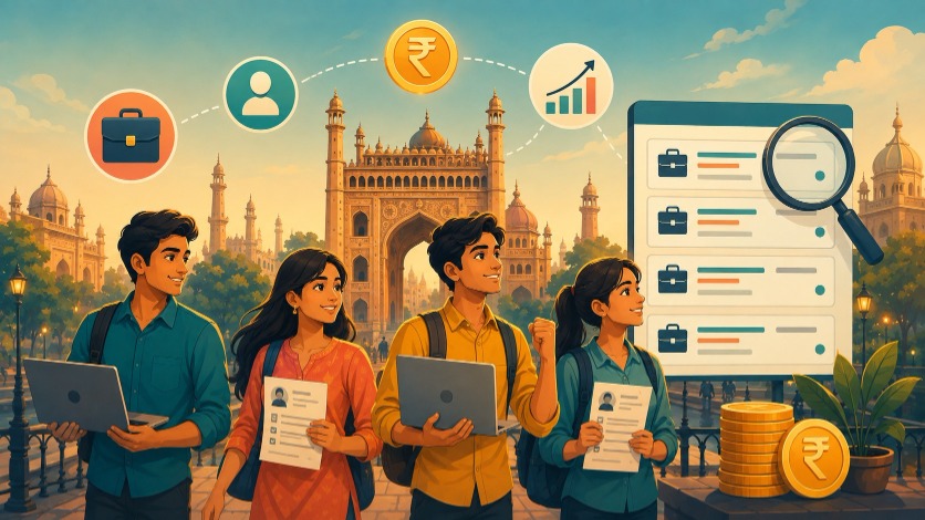 Freshers exploring digital marketing jobs in Lucknow with salary growth chart and Rumi Darwaza skyline
