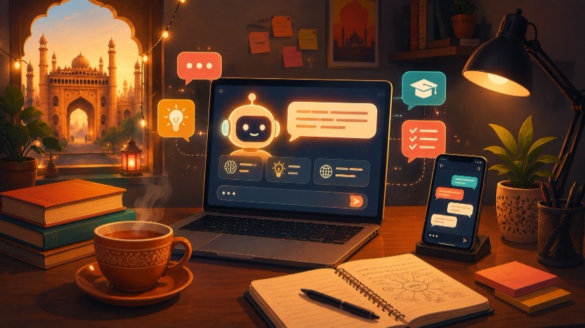 Claude AI kya hai - Hinglish guide illustration with AI chatbot on laptop at Indian study desk