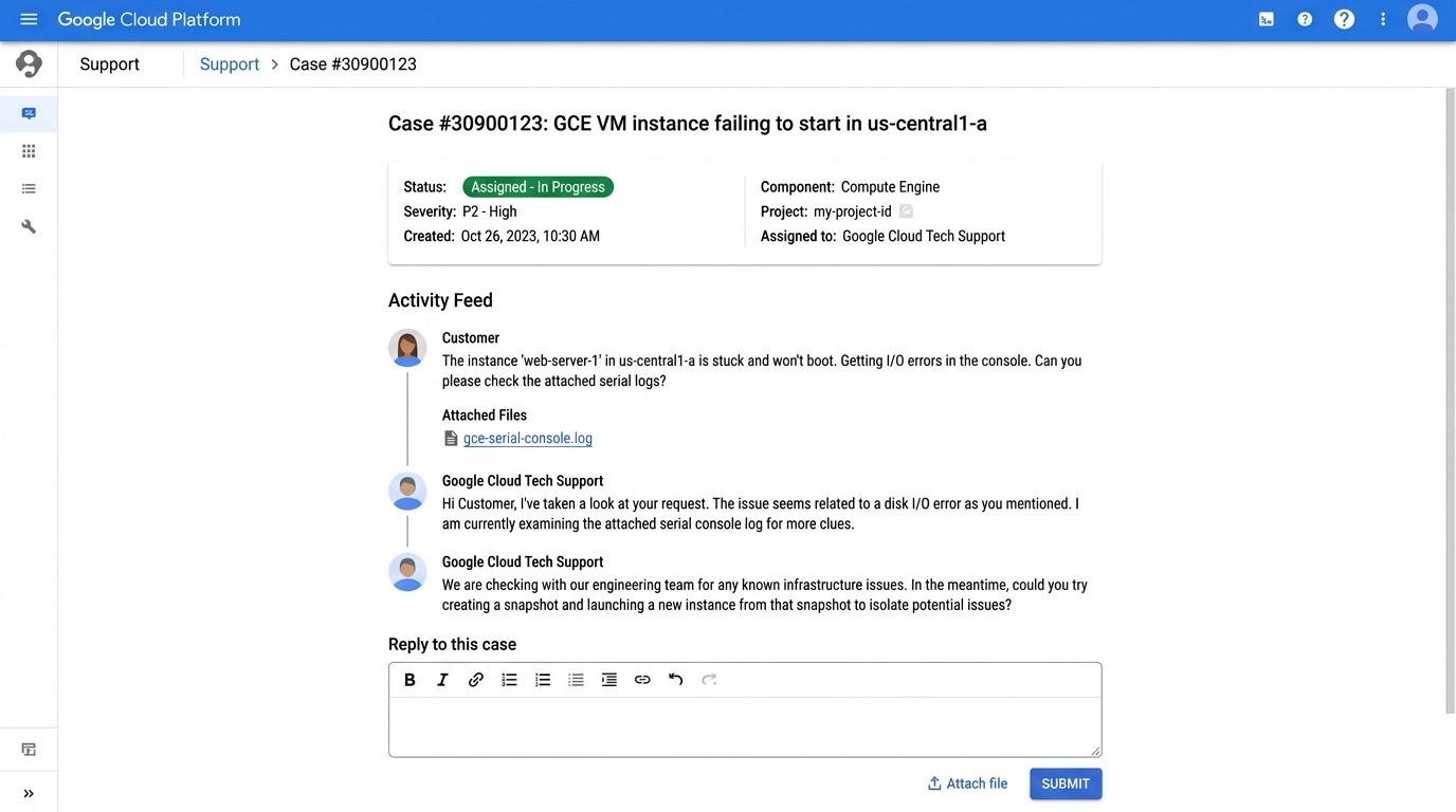 GCP Support Case Details and Activity Feed