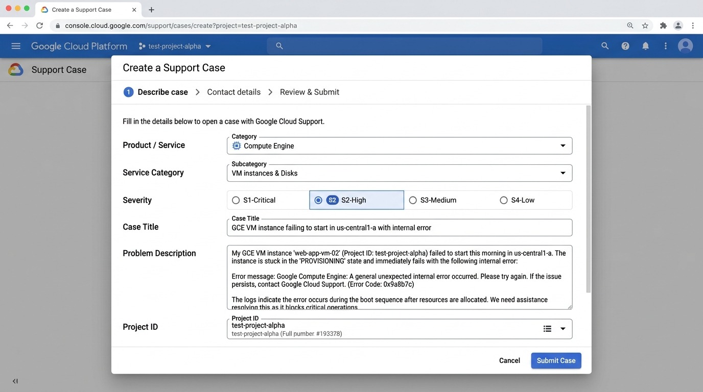 Google Cloud Create a Support Case Form