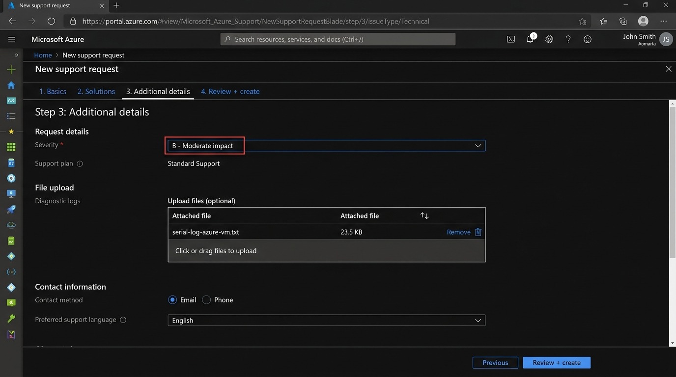 Azure Support Request Additional Details and Contact Information